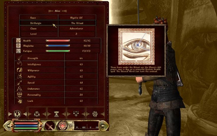 a screenshot of a video game, possibly a roleplaying game. on the left side of the screen, there is a character sheet, with information about the player character, such as their race, class, health, magic, fatigue, and other stats. on the right side of the screen, there is a dialogue box with a description of a magic item. the image appears to be from a fantasy game, with an emphasis on magic and adventure. the player character, who is a humanoid, is holding a sword in his hand. the character's name is "jim alice" and they are currently a level 3 adventurer.