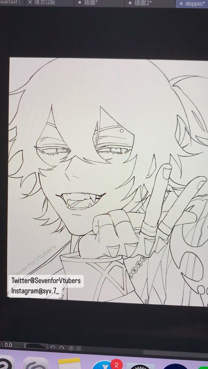 closeup shot of a computer screen displaying a digital line art drawing of an animestyle character. the character has long, somewhat messy hair, sharp features, and a mischievous smirk.  they are making a peace sign or similar hand gesture. the art is still in progress, showing only linework.  social media handles for "sevenforvtubers" are visible in the bottom left corner, indicating this may be fan art.  the top of the screen shows various application toolbars, with some chinese text visible.