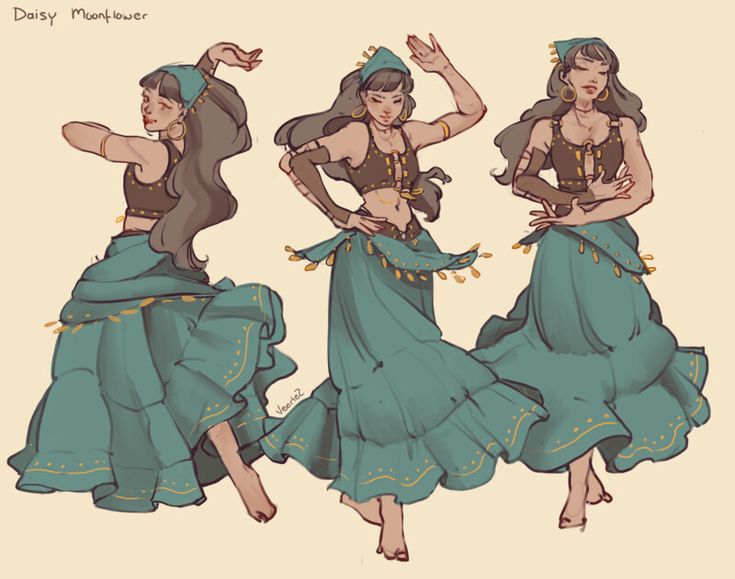 the image depicts three female characters in various dance poses. they are all dressed in traditional belly dancing costumes, which consist of a teal skirt with gold embellishments, a brown crop top, and a head scarf. the characters have long dark hair, brown eyes, and a variety of jewelry. the background is a light, simple color. the art style is whimsical and colorful, and the characters are drawn in a cartoonish, anime style. the overall feel of the image is elegant and graceful, with a hint of whimsy. the focus is on the characters and their movements, which are both energetic and fluid. the image is full of life and movement, and it captures the beauty and energy of belly dancing.