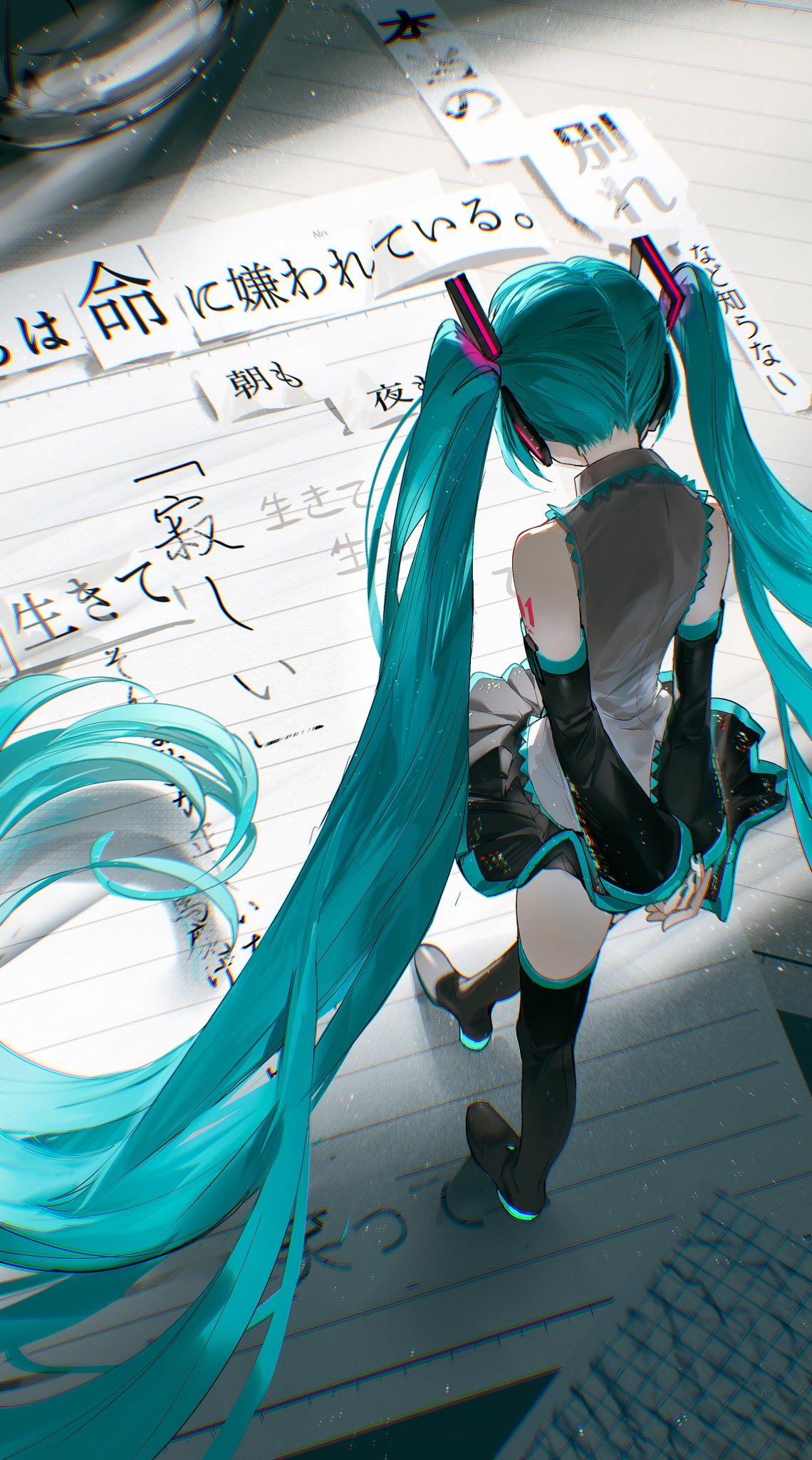 the image is a digital illustration of hatsune miku, a popular virtual singer, standing with her back to the viewer.  she's depicted in her signature teal twintails and black and white outfit, wearing headphones.  she's standing over a notebook with japanese text written on it, which seems to be lyrics or a personal journal entry. the art style is characteristic of anime and manga, with a focus on soft lighting and shading, creating a dreamy atmosphere. the overall impression is one of melancholy and introspection.