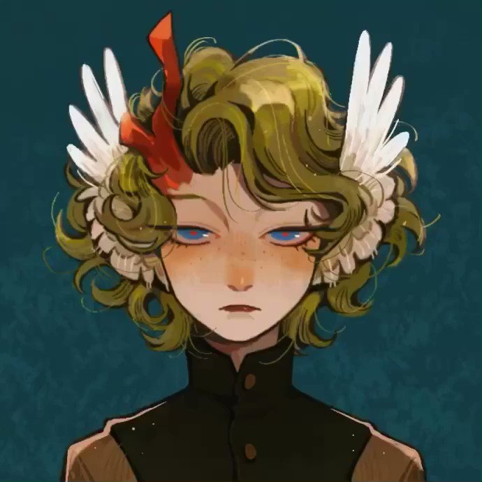 this is a digital portrait of a stylized character with green curly hair adorned with white wings and a red ornament. the character has tan skin, freckles, and a sullen expression. they are wearing black clothing. the background is a dark teal color. the artwork is reminiscent of anime or cartoon styles.