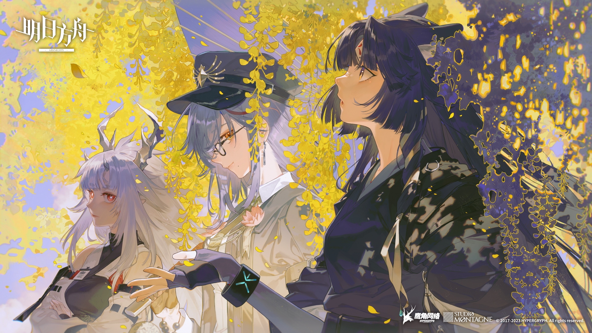 an illustration from arknights, depicting three female characters: a woman with purple hair, a woman with white hair wearing a large black hat with horns, and a woman with white hair in a military uniform.  all three women are standing amongst a field of yellow flowers. the woman with purple hair is facing the viewer, the woman with white hair wearing the black hat has her head bowed, and the woman with white hair in the military uniform has her head turned.  the sky in the background is a light blue.  all three women appear to be in the middle of a battle.  the woman with purple hair has her hair flowing in the wind and is wearing a leather jacket. the woman in the military uniform has a large sword strapped to her back.  the woman with white hair wearing the black hat has a large sword in her right hand.