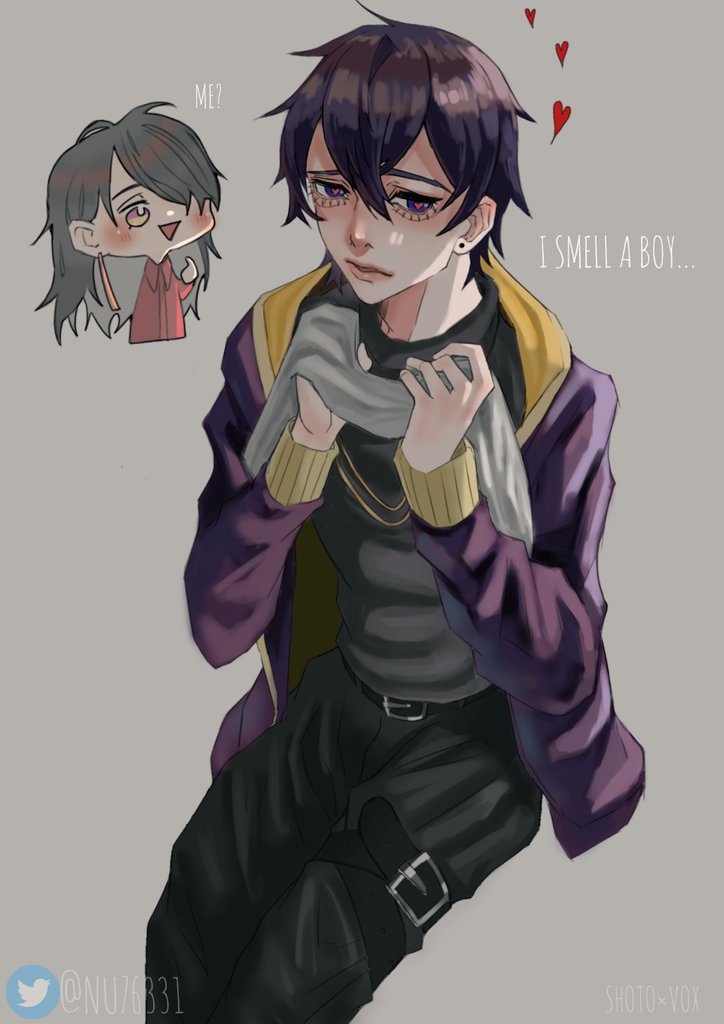 the image depicts a digital art piece featuring two anime characters. the character on the left is a girl with long black hair, pink cheeks, and a red shirt. she has a surprised expression. the character on the right is a boy with dark purple hair,  a black turtleneck shirt and a long, purple jacket with yellow lining, a grey scarf in his hands, and he has a blushing expression. he's looking down and holding the scarf. both characters are depicted in a cute, whimsical style. there are three red hearts floating above the characters. there is a twitter handle at the bottom of the image. the boy says "i smell a boy".
