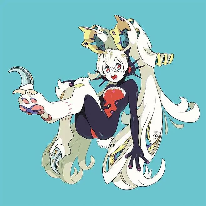 the image is a vibrant digital illustration of a stylized animestyle female character. she has long, flowing white hair with intricate, almost biomechanical details incorporated into the hair. her outfit is a darkcolored bodysuit with red accents, and she has large, expressive eyes.  her feet are depicted as large, white paws with pink pads and sharp claws. the overall design is whimsical and fantastical, blending elements of anime, fantasy, and perhaps even a hint of biomechanical or futuristic design. the character appears playful and dynamic, possibly floating or in a state of motion. the background is a solid, light teal color.