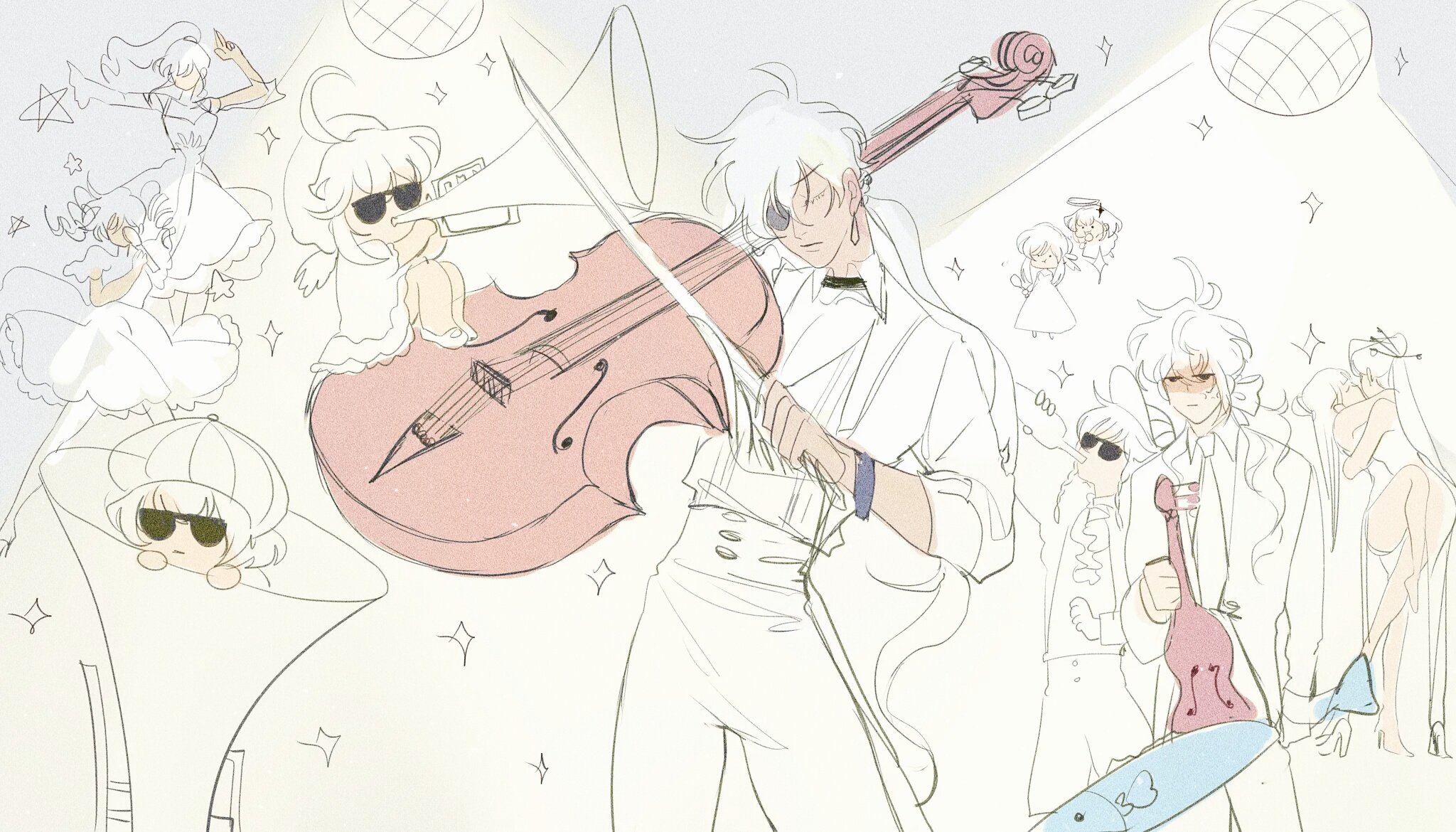 he image is a whimsical and dreamy illustration featuring several animestyle characters in a partylike setting.  the central figure is a man with long white hair and an eyepatch, playing a large, pale pink cello.  surrounding him are several girls, some in white dresses, appearing to dance or play instruments, including a girl with sunglasses playing a smaller pink violin. other figures are depicted as angels and there's a person in a bowler hat peeking from behind a megaphonelike object. the style is light and sketchy, with pastel coloring and a focus on soft lines and shapes, creating a light and airy atmosphere. a disco ball is visible in the background. the overall feeling is one of playful fantasy and elegance.