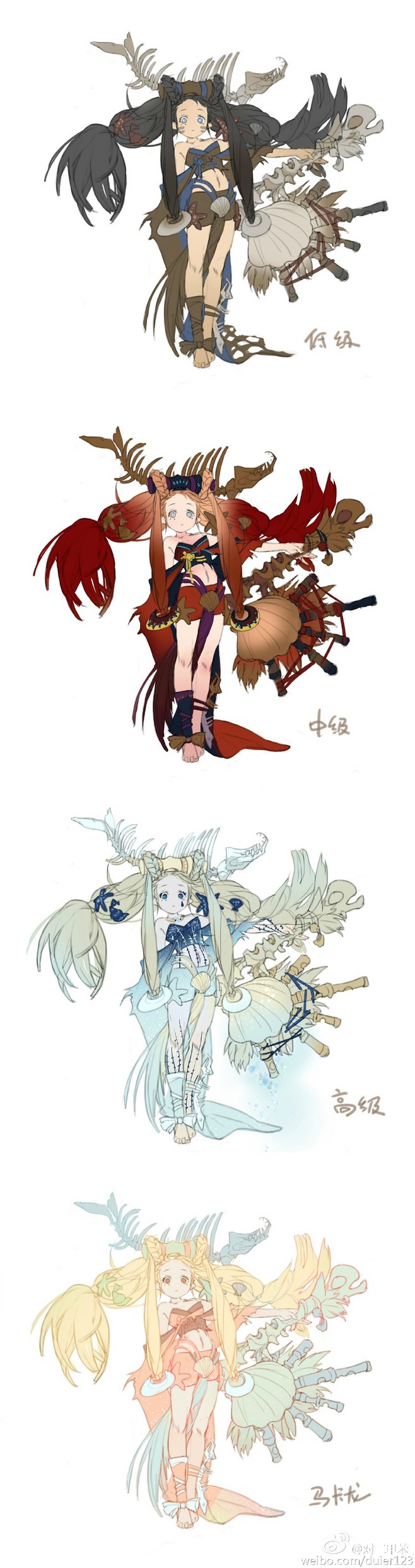 the image contains four drawings of anime girls with deer antlers, each one with a different outfit and pose. they appear to be magical girls with weapons. each girl is standing on a white background.
