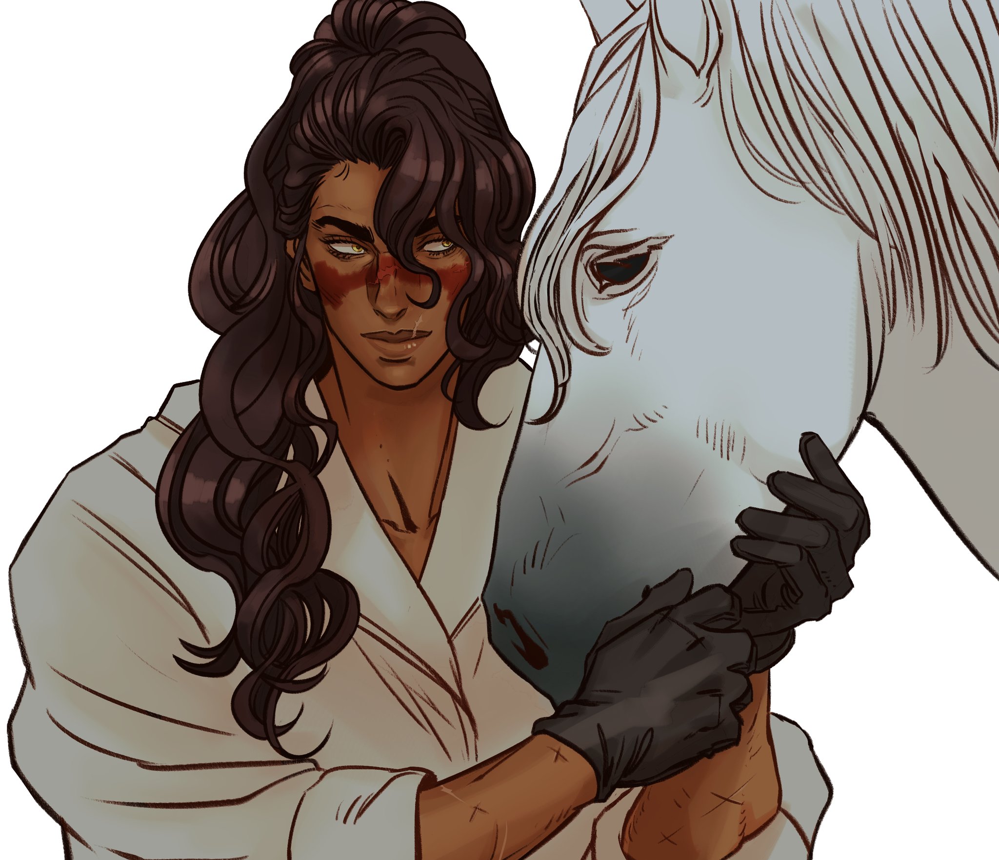 an illustration of a person with long dark hair and red paint on their face, wearing a white lab coat and black gloves, holding the face of a white horse.
