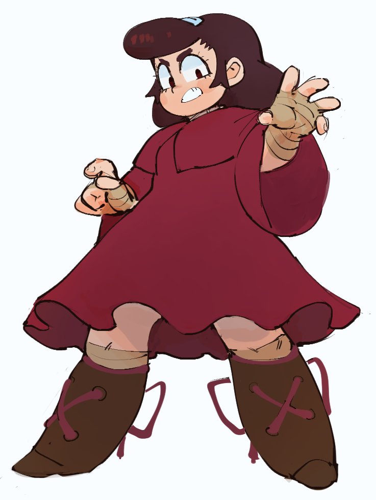a cartoon drawing of an angry looking girl in a red dress and brown boots with her hands wrapped. her eyes are wide and she's looking directly at the viewer.  she's drawn in an anime style.