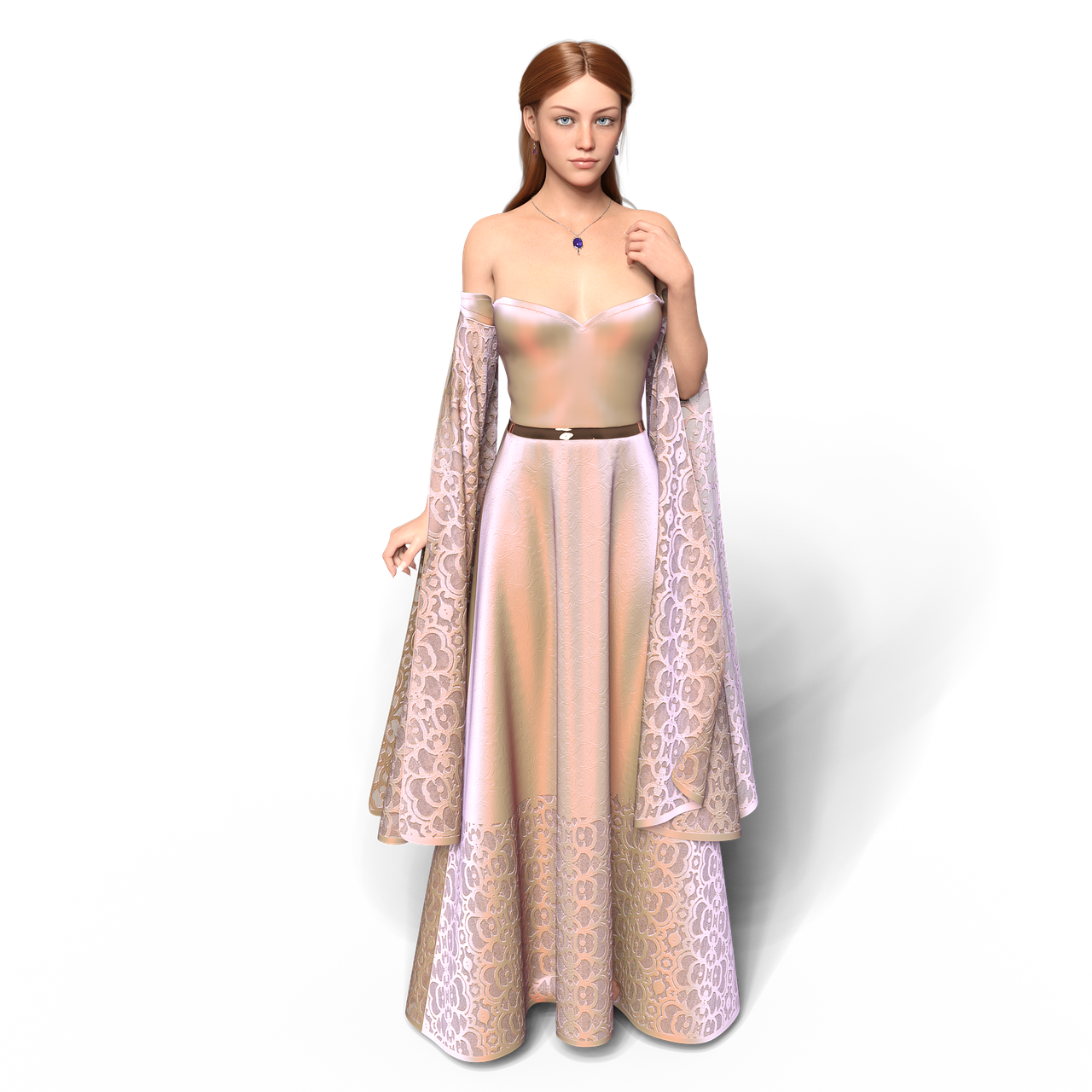 a fulllength portrait of a woman wearing a long, elegant gown with lace sleeves, standing against a black background. she also has a necklace.