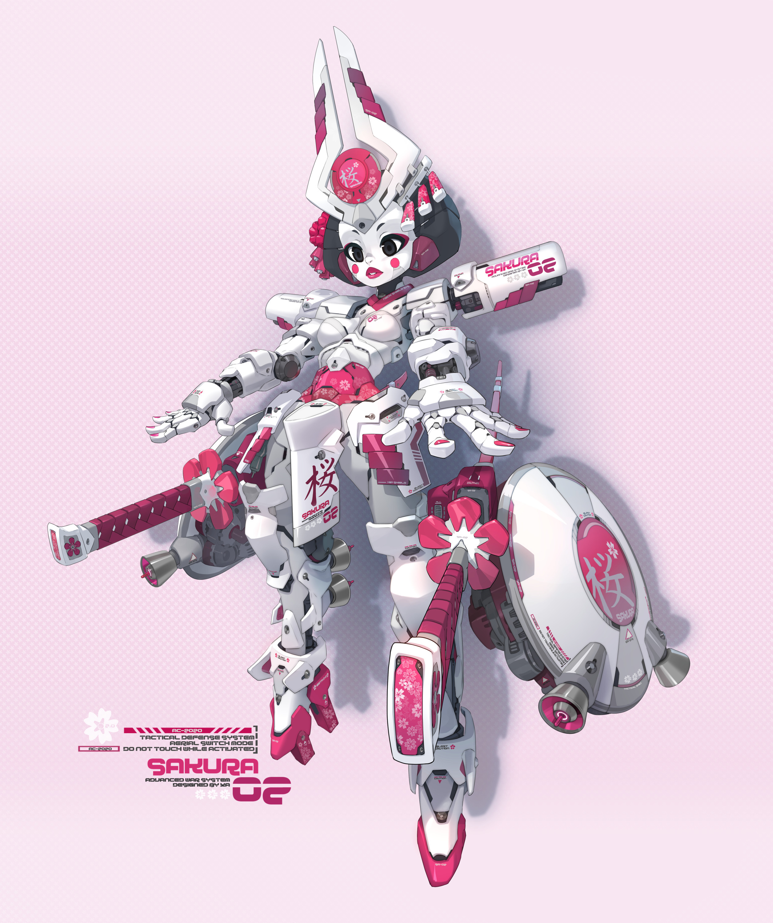 a cute, female robot in a white and pink mecha suit is shown standing with its legs apart.  the robot has pink and white armor and holds a pair of long, pink swords.  the robot's face is round and cartoonish with pink cheeks and black eyes.  the robot is wearing a cherry blossom on its head.  the background is a light pink with a white grid pattern. the image is digital art and stylized in a whimsical style.