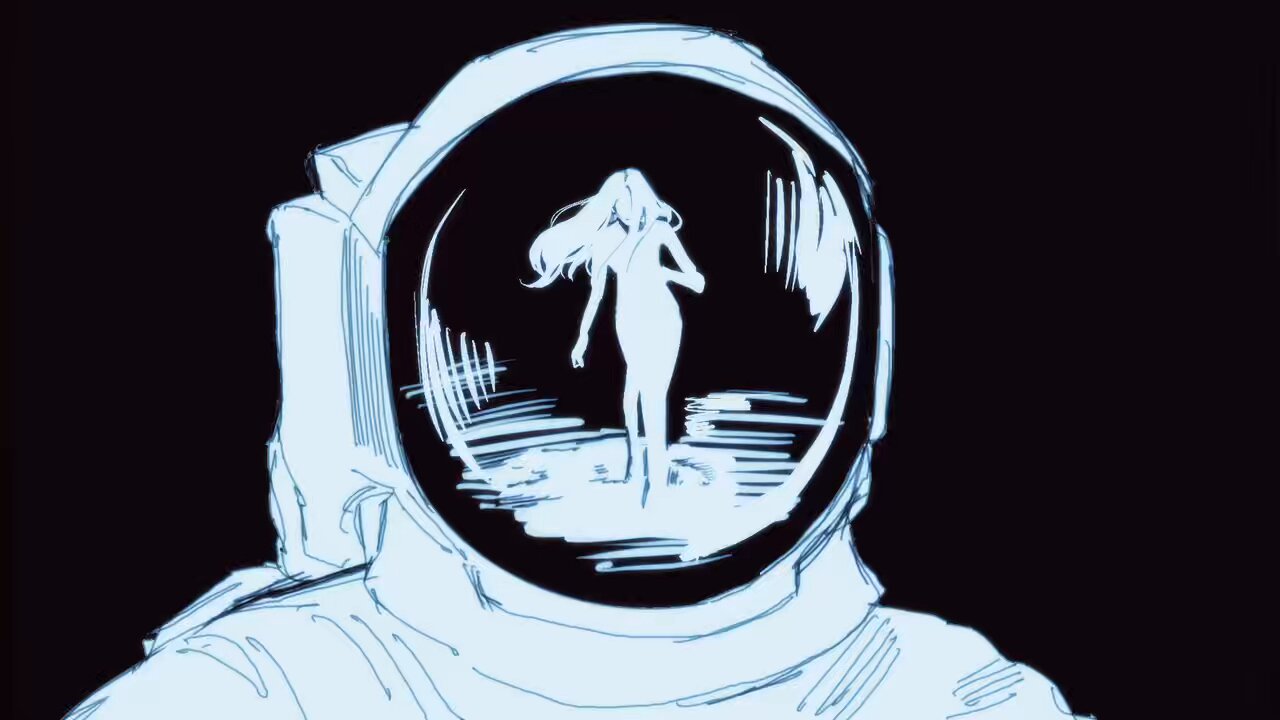 the image is a black and white illustration of an astronaut in space. the visor of the astronaut's helmet reflects the image of a nude woman, who appears to be walking on water. the background is completely black, which emphasizes the contrast between the astronaut and the woman. the illustration has a dreamlike and mysterious quality.