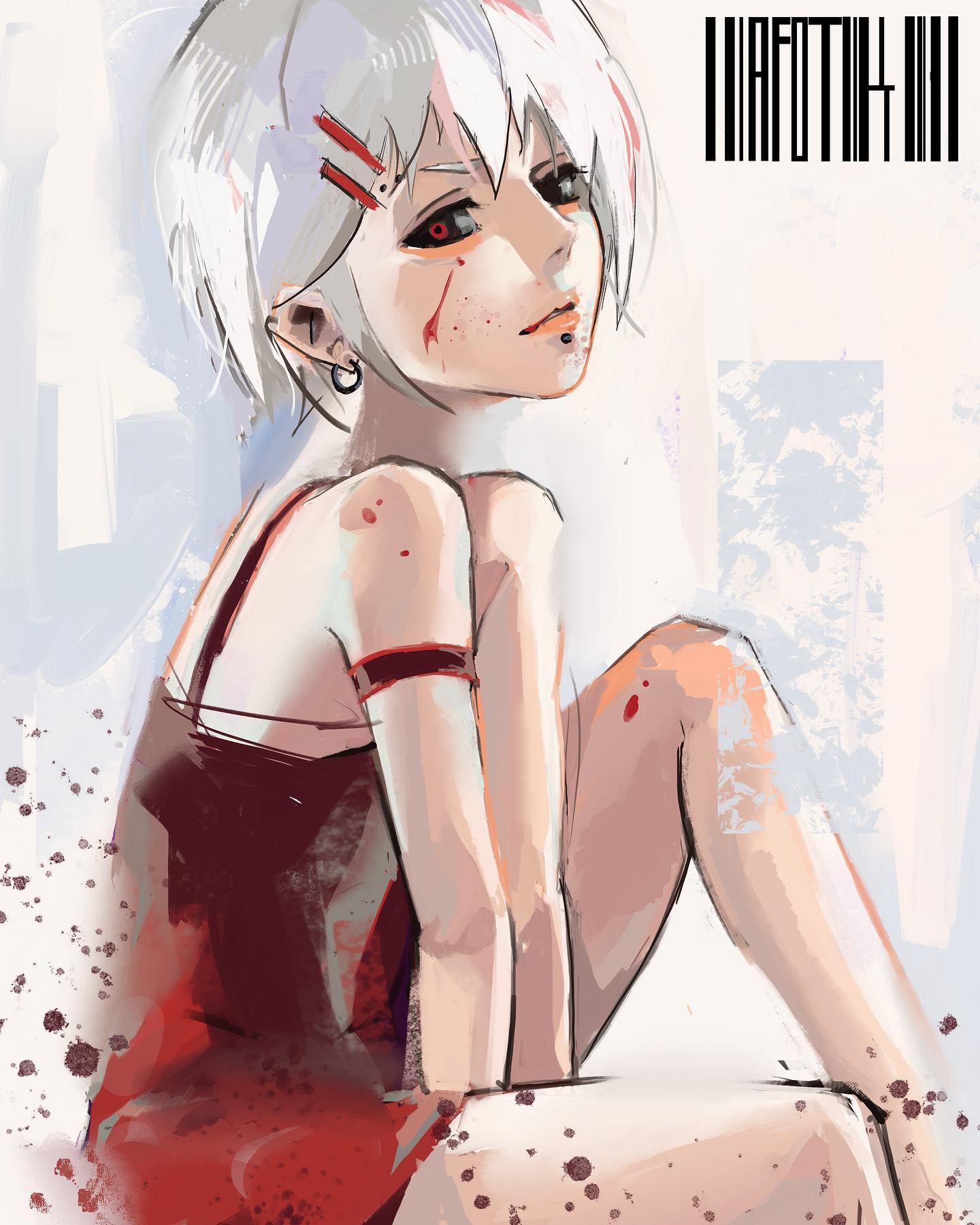 the image is a digital painting or illustration in an anime/manga style. it depicts a young girl with short, white hair and pale skin. she is wearing a simple red dress and has visible wounds and blood splatter on her face, arm, and legs, suggesting injury.  her expression is somewhat neutral or subtly melancholic.  the background is an abstract wash of light colors, which contrasts with the sharper lines and details of the figure. the style is painterly, with visible brushstrokes giving a slightly watercolorlike effect. the overall mood is somber and slightly unsettling.  the image has a barcodelike element at the top, reminiscent of the tokyo ghoul series, which suggests a possible connection or inspiration.