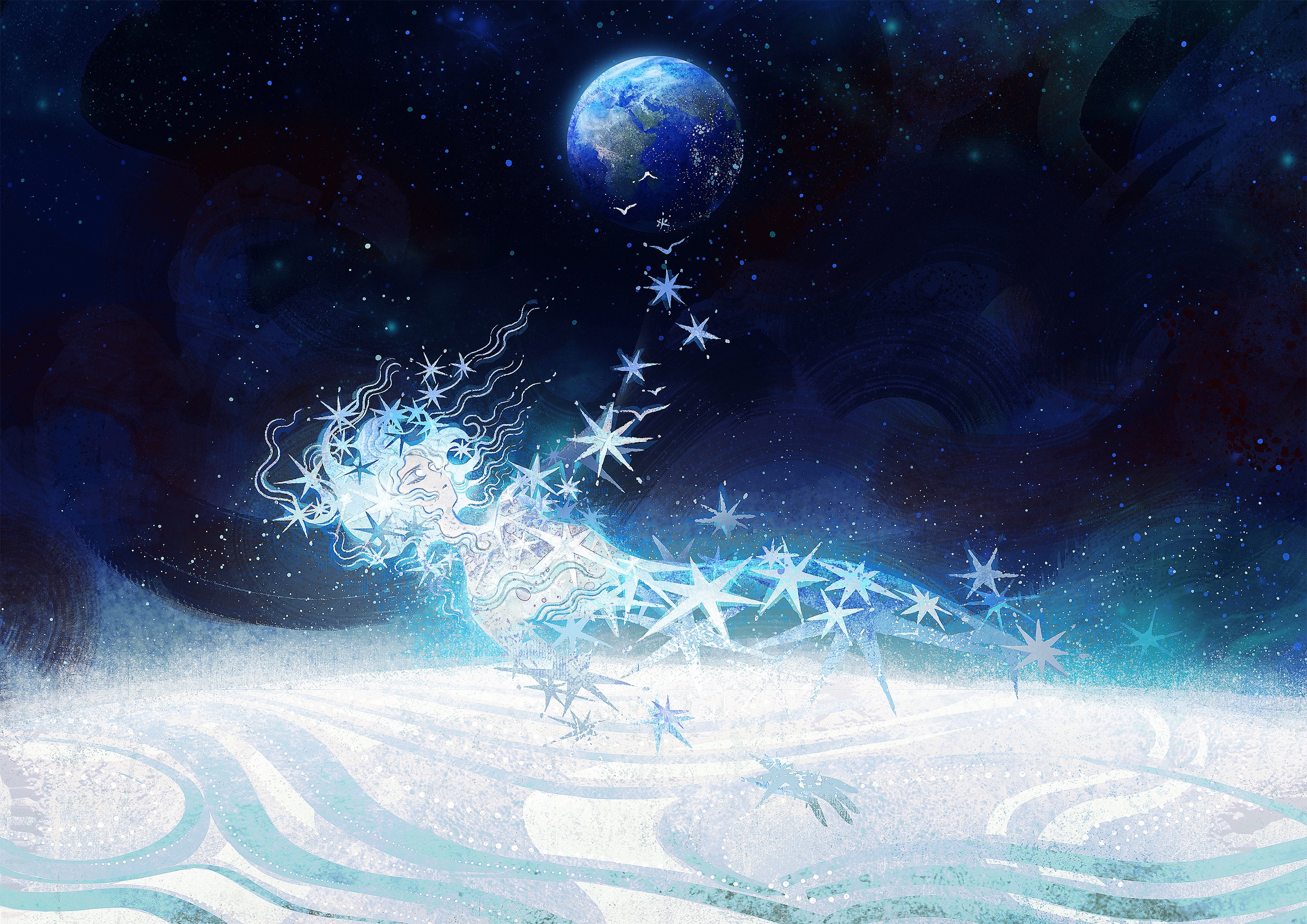he artwork is a digital painting depicting a woman seemingly made of ice or snow, lying on a snowcovered landscape.  she is surrounded by stars and snowflakes, creating a dreamlike or ethereal atmosphere. a small earthlike planet floats in the night sky above her, connected to her by a trail of stars. the overall style is fantasyinspired, using soft blue and white tones with dark blue space as the background. the scene evokes feelings of peace, serenity, and wonder.  the woman's flowing hair blends seamlessly with the surrounding stars and snowflakes.