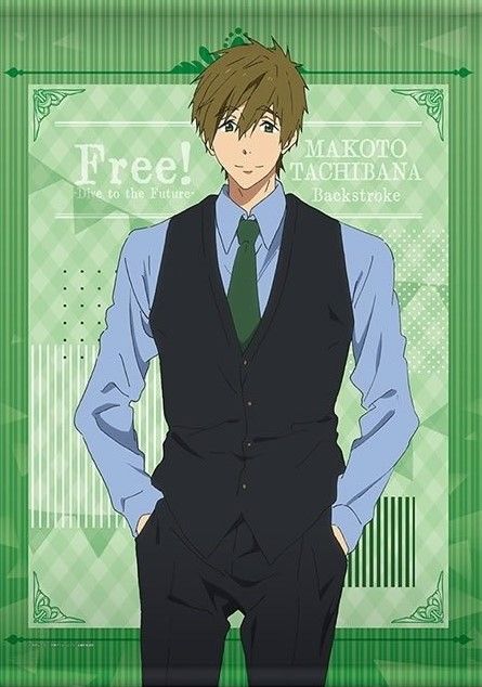 the illustration features makoto tachibana, a character from the anime free!, depicted in a business casual attire against a green background. he is wearing a white dress shirt, a green tie, a black vest, and black pants.  he has short, brown hair and a gentle expression. the background is a stylized green pattern with the text "free! dive to the future," "makoto tachibana," and "backstroke."  the overall aesthetic of the illustration is clean and polished.