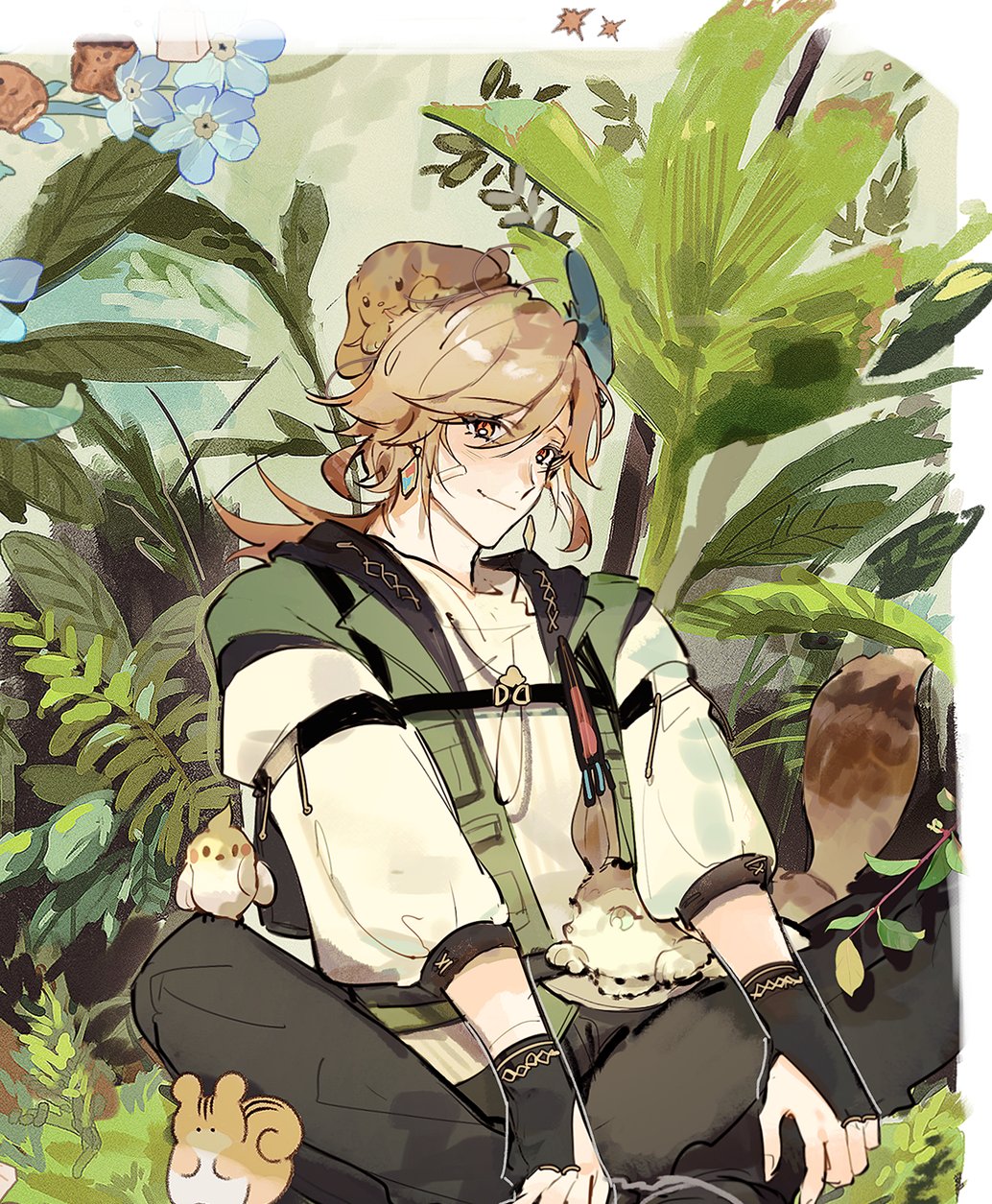 a cartoonlike depiction of a male anime character sitting in a forest. he is wearing green and white clothing and is smiling. he has blonde hair and blue eyes. he is surrounded by plants and flowers, including a small bird sitting on his lap.