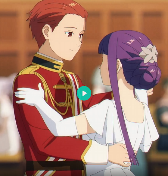 an anime drawing of a man and a woman dancing in a ballroom. the man is wearing a red military uniform with gold accents and white gloves, and the woman is wearing a white gown with purple tassels. the woman has purple hair with a white flower accessory. the background is a blurred image of a ballroom with other people. the couple is looking at each other lovingly, and the overall atmosphere is romantic and elegant.