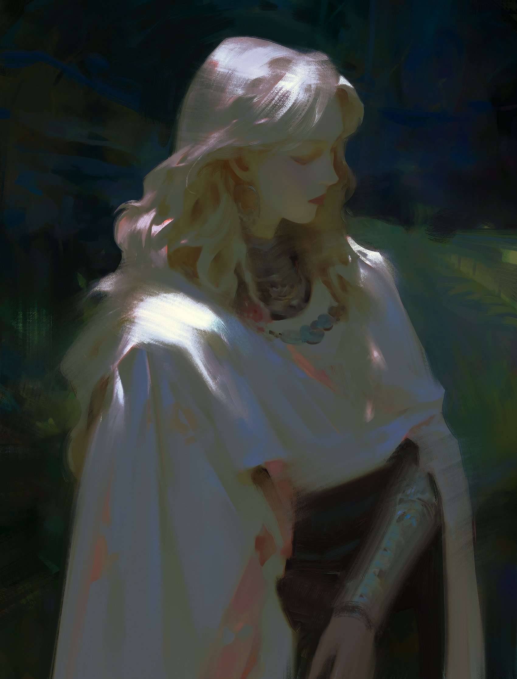 a digital painting of a woman with long blonde hair, wearing a white hooded dress and cloak, standing in a green forest setting. the woman's face is partly obscured by the hood, but her soft features are visible. the painting is ethereal and dreamy, with a sense of mystery and wonder. the woman appears to be a fantasy character. the image evokes a sense of magic and the unknown. the artist has captured the woman's ethereal beauty with incredible detail and nuance. the background is a beautiful green forest with soft light filtering through the leaves.  the overall effect is serene and peaceful.
