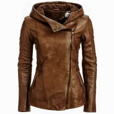 a closeup of a brown leather jacket for women. the jacket is a hooded, zipup style with two front pockets and a long, flowing design.