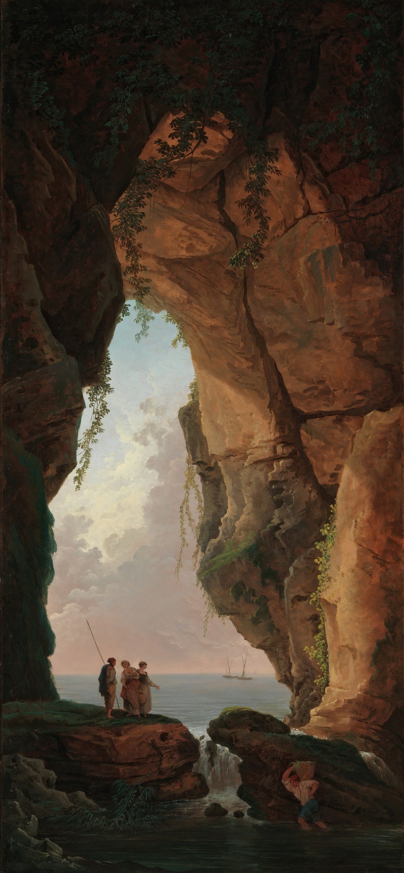 the painting shows a large cave with an opening to the sea. in the foreground, there are three figures standing on a rock near the edge of the cave, looking out at the sea. a boat is visible in the distance. a waterfall flows from the rocks into the sea. a person is in the water below the figures. the cave is surrounded by tall, rocky cliffs covered in greenery. the sky is cloudy and the light is soft.