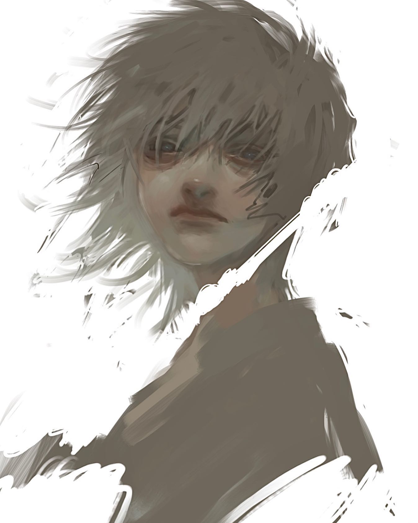 the image is a digital painting in a style reminiscent of anime and manga. it depicts a young person with long, windblown gray hair partially obscuring their face. their expression is somewhat sad or melancholic, with downcast eyes. the overall color palette is muted, consisting mainly of various shades of gray and offwhite, creating a somber and slightly abstract effect. the brushstrokes are soft and painterly, giving a feeling of movement and fluidity. the background is mostly white, with some brushstrokes blending with the figure. the style is artistic and stylized, rather than photorealistic.