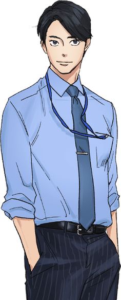 an animestyle illustration of a young man in a light blue buttonup shirt and dark blue pinstripe pants. he is wearing a dark blue tie with a silver tie clip and a blue lanyard around his neck. he has short black hair and grey eyes, and his hands are casually tucked into his pockets. he is depicted in a professional manner.