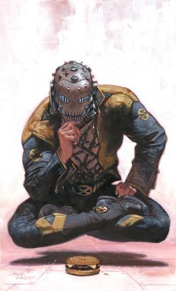 a superhero with a metal helmet and leather jacket sits in a crossed legged position. he is looking at the camera and there is a hamburger in front of him. the background is a simple white and grey background. the superhero is drawn in a comic book style.