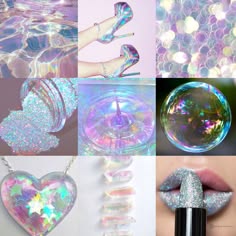 this image is a collage of different iridescent and holographic textures and objects. it features a pair of iridescent highheeled shoes, a heartshaped charm with a holographic design, an iridescent bubble, an abstract iridescent background, iridescent glitter, and an iridescent lipstick. the image is very sparkly and reflective.