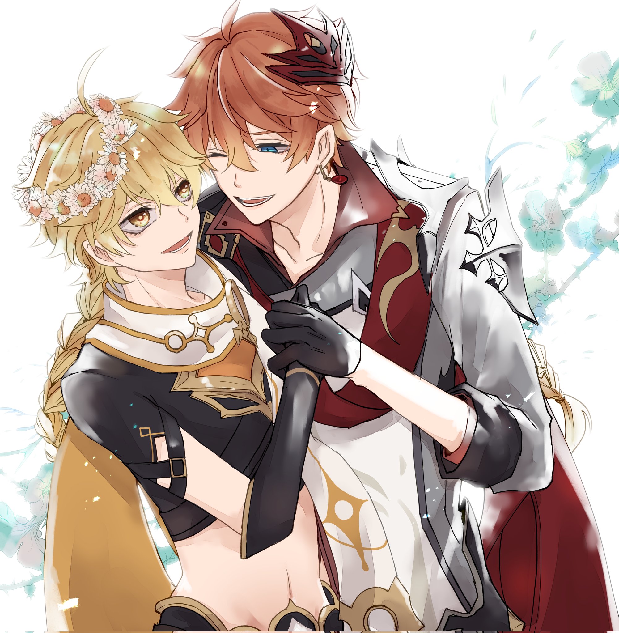 two anime boys are hugging, and they both have happy smiles on their faces. the boy on the left has blond hair with a flower crown and is wearing a yellow and black outfit. the boy on the right has red hair and is wearing a white, black, and red outfit. there are light blue flowers in the background. the image is drawn in a soft, colorful style.