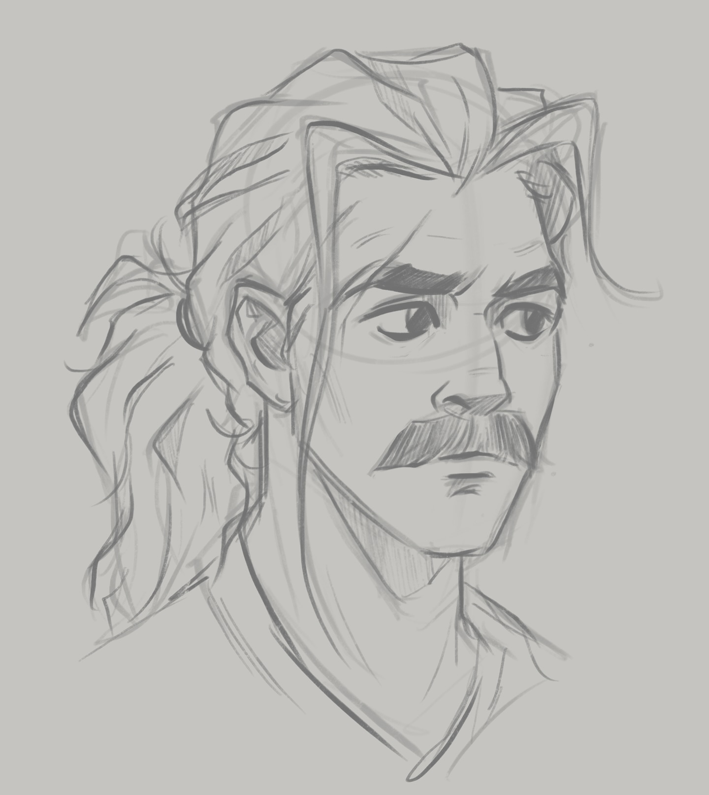 the image is a grayscale pencil sketch or digital drawing of a man's head and shoulders. he has long hair tied back in a low ponytail, a mustache, and a somewhat serious or pensive expression on his face. the style is loose and expressive, with visible brushstrokes or pencil strokes giving it a slightly rough texture. the drawing is detailed enough to convey the man's features and mood, but maintains a sketchy, unfinished quality.  the background is a plain, light grey.