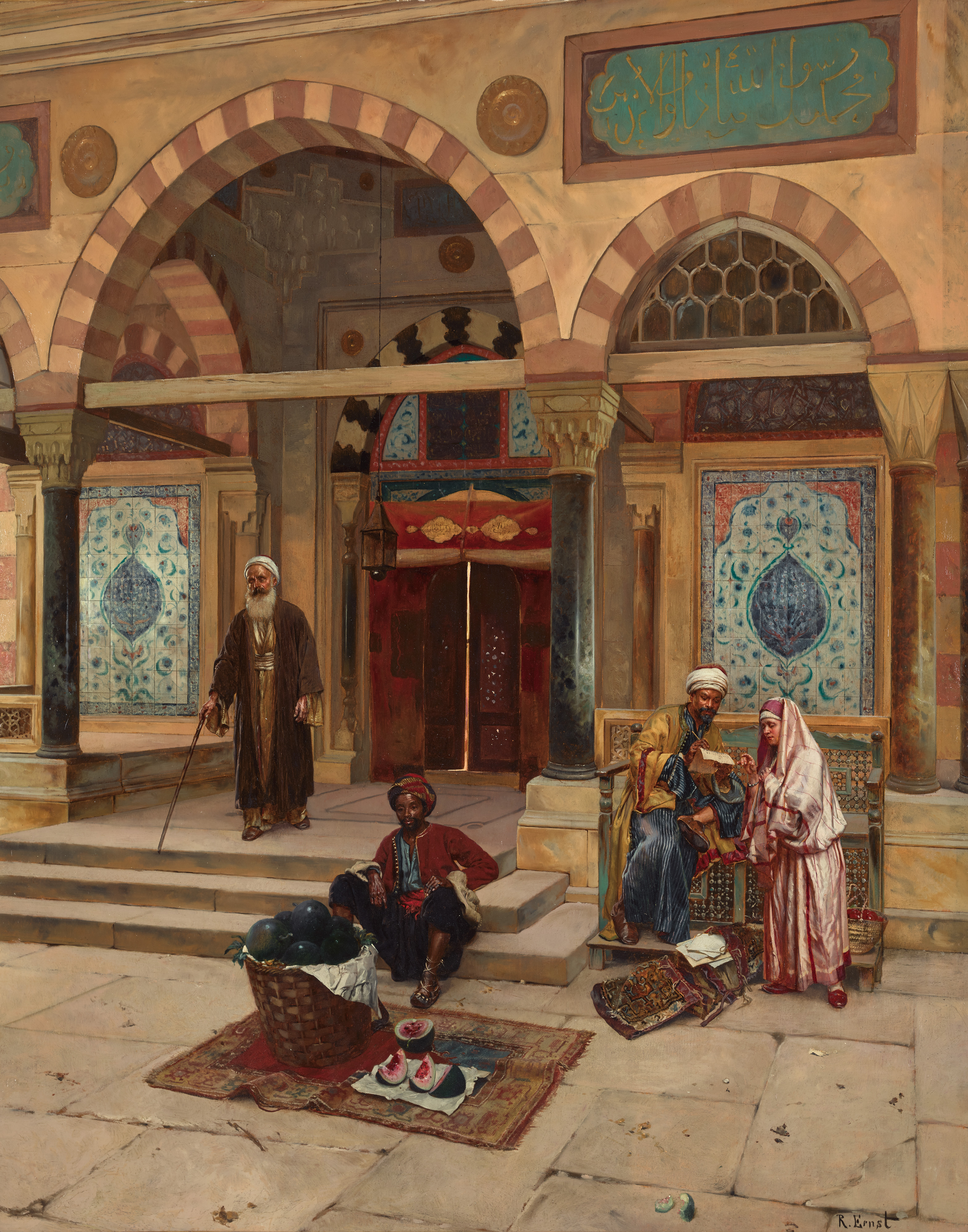 the image is a painting in the orientalist style, depicting a courtyard scene with several figures. the architecture includes arched entryways with striped patterns, columns, pillars, and inscriptions on the walls. in the foreground, there is a vendor selling watermelons from a basket on a rug, while other figures are engaged in a discussion or transaction with a merchant holding a book. the scene is set within an islamicstyle building or marketplace, with details such as turbans, fezzes, and veils worn by the figures, as well as intricately designed rugs and decorations. the painting is signed "r. ernst."