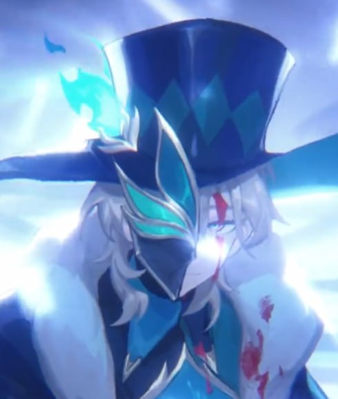 a male anime character with white hair and a blue top hat with a green design. he is wearing a blue and black outfit with a blue and black mask with green accents. there is a red line across the right side of his face, and a red stain on his white collar. the background is a blue and white blur.