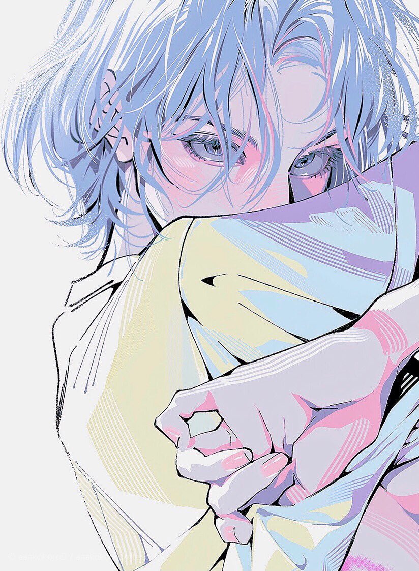 this is a digital illustration of a male anime character with blue hair and striking blue eyes. the character is partially obscured, with one hand covering most of the face, and the other hand grabbing the edge of the clothing. the overall aesthetic is a colorful combination of blue, pink and yellow.