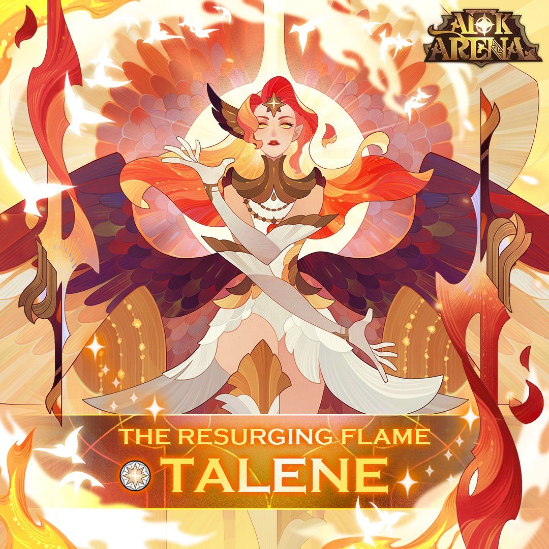 the image showcases a female character, talene, from the game "aov arena." she is surrounded by fiery, birdlike shapes and bathed in a warm, radiant light. the overall aesthetic is fantastical and dramatic, with talene positioned front and center as the focal point. her attire is elaborate and detailed, suggesting a powerful and potentially divine figure. the text "the resurging flame" further emphasizes the fiery theme.