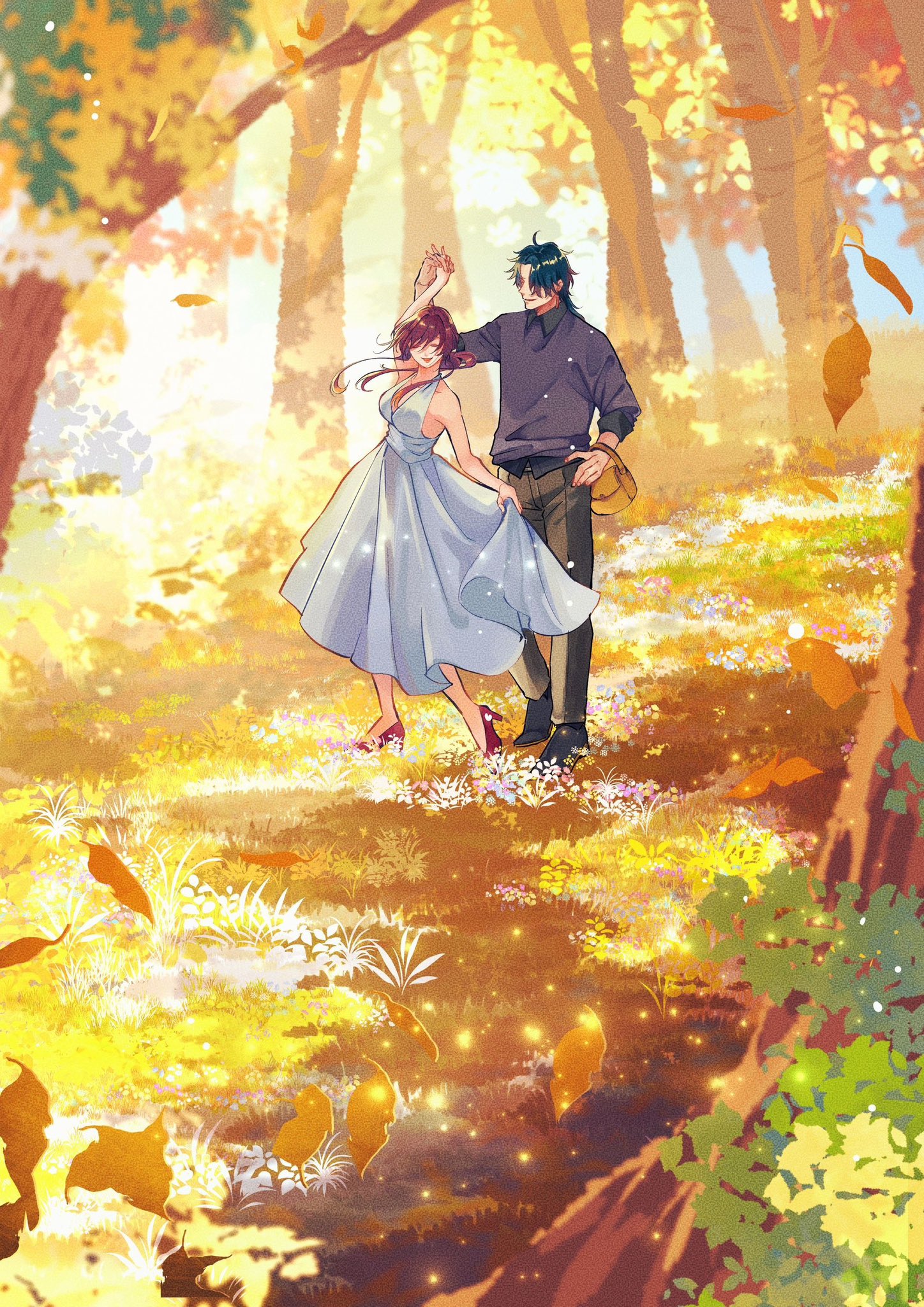 this is a digital painting of a young couple in an anime style, dressed in formal attire, walking through a beautiful forest. the couple is holding hands and smiling as they walk through the trees. the forest is lush and green, with leaves of many colors,  and there are flowers growing on the ground. the sunlight is shining through the trees, creating a warm and magical atmosphere. this artwork creates a dreamy and whimsical feeling, showing the beauty and wonder of nature.