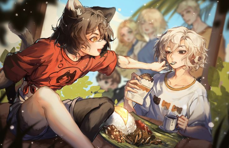 the illustration showcases two animestyle characters, a girl with cat ears and brown hair wearing a red shirt, and a boy with white hair wearing a white shirt. they are sitting outdoors, sharing a meal that appears to be nasi lemak, a popular malaysian dish. the setting seems relaxed and summery, with a blurry background of other people and tropical foliage. the girl is playfully feeding the boy with a spoon.  the overall style is soft and colorful, with a focus on the characters' expressions and the intimate moment they share.
