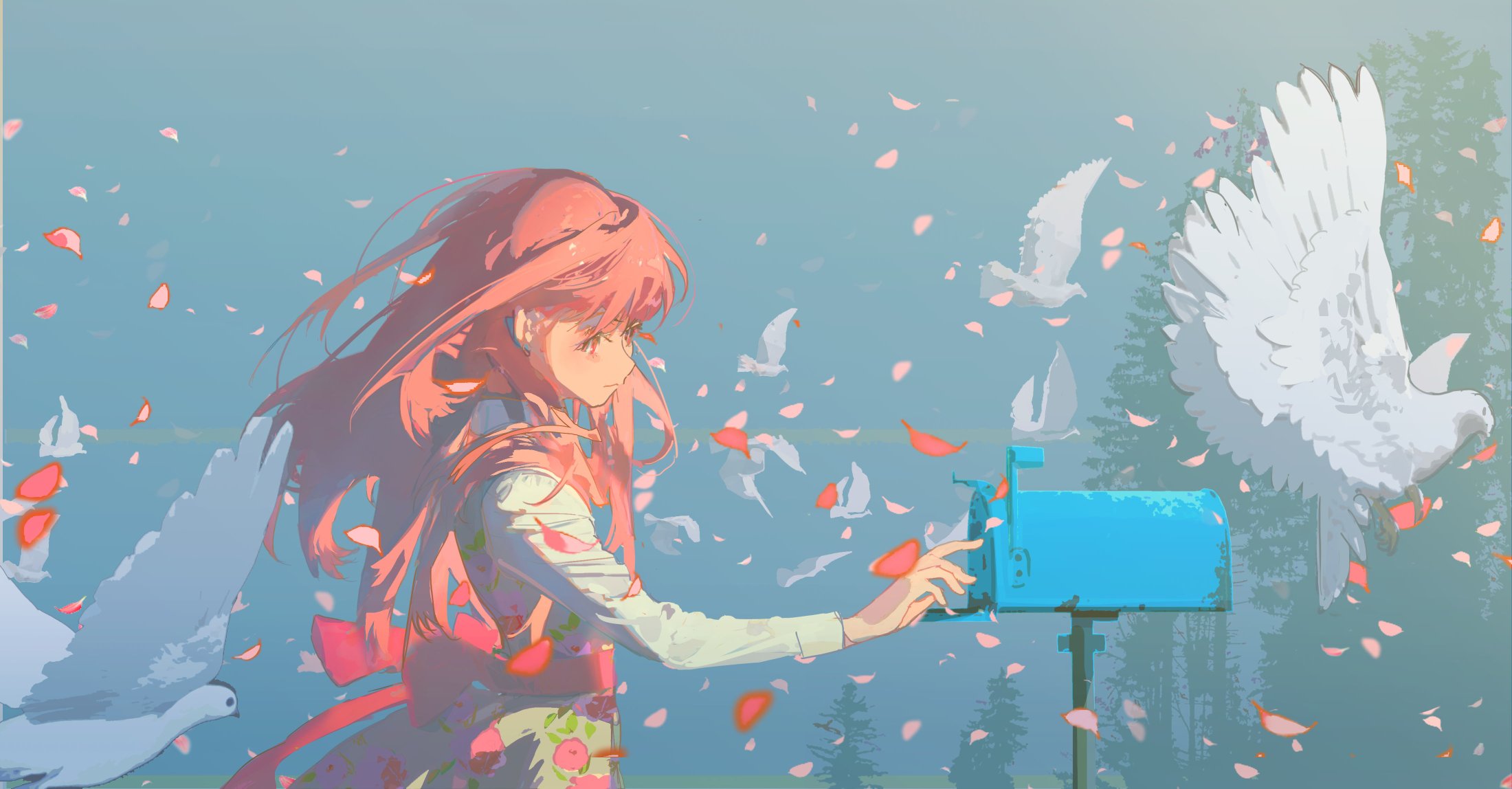 the image features an anime girl with pink hair and blue eyes. she is reaching out to a blue mailbox with her right hand, as if she is about to put a letter in it. there are doves flying all around her, and petals falling from the sky. there are also green trees in the background. the image is very colorful and visually appealing.