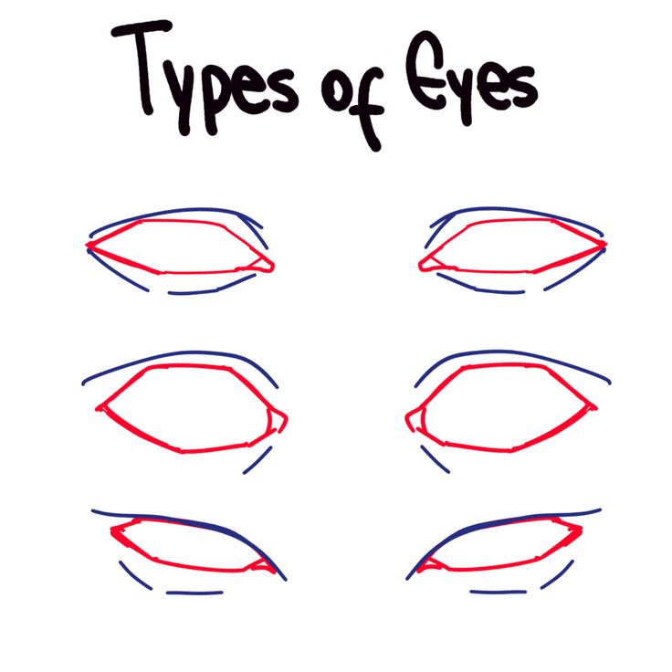 the image displays a handdrawn tutorial showcasing various types of eyes, likely for anime or manga style art.  six different eye shapes are presented in pairs, each with a dark blue outer line suggesting the eyelid crease and a red inner line depicting the shape of the eye itself.  the title "types of eyes" is written at the top.  the style is simple and instructional, aimed at artists learning to draw different eye shapes.