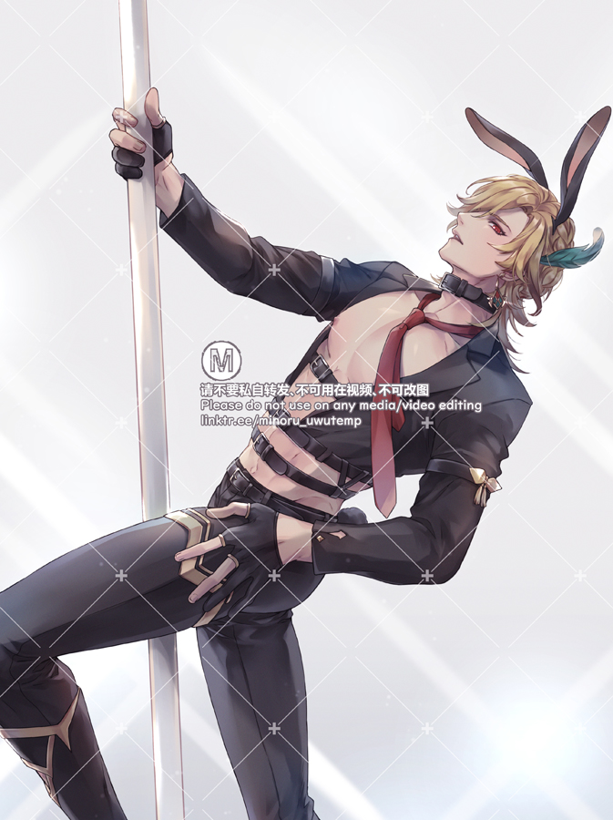 the image is a digital illustration of an anime boy with blond hair, bunny ears and a red tie, posing while pole dancing. he is wearing a black jacket and black pants, with boots on his feet. the image is set against a white background with a silver pole in front.