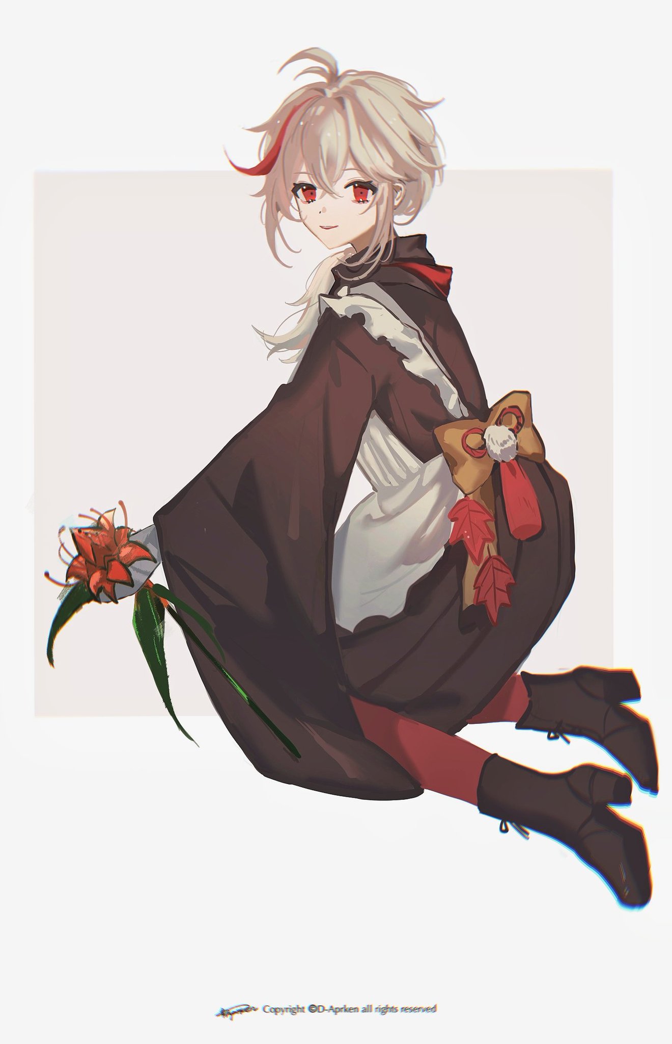 this image features an anime girl with white hair and red eyes. she is dressed in a maid outfit and is sitting on the floor, looking away from the viewer. she is holding a red flower with green leaves. the girl is wearing brown and white boots and has a white background. the background is blurred with a faint gray color. the image is a digital illustration and the style is very detailed and polished.