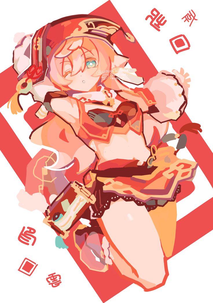 the image is a vibrant digital fanart of klee from genshin impact, styled in a chibilike manner. she is depicted in a festive, red and orange outfit, reminiscent of chinese new year attire.  klee is smiling and playfully holding a book. the art style is dynamic and colorful, with bold lines and flat shading.  chinese characters are present in the background. the overall feel is celebratory and charming.