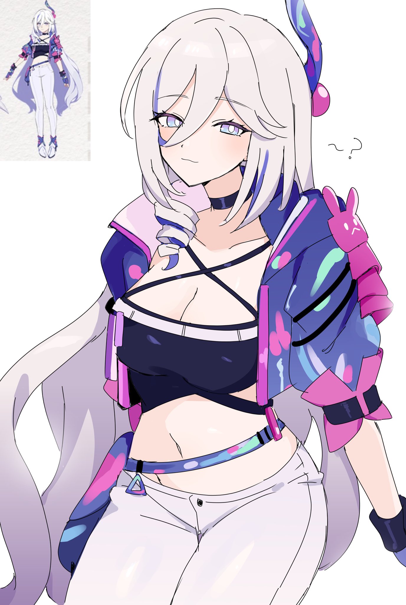this is a drawing of an anime girl with long white hair and purple eyes. she is wearing a blue and pink outfit with white pants. she is looking to the side and has a cute expression on her face.