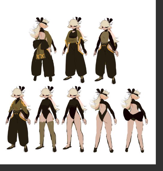 this image features a series of digital illustrations depicting a young female character. the character has blonde hair and a black and gold outfit. they are shown in various poses and with different clothing variations, allowing for the exploration of design possibilities. the style of the art is anime/manga, featuring large eyes, exaggerated proportions, and expressive poses. the character's youthful appearance and vibrant colors create a sense of playfulness and energy.