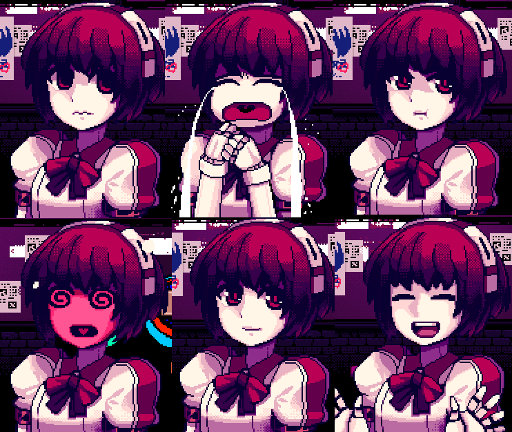 the image shows a pixel art character, a woman with short dark red hair and red eyes, wearing a white and red dress with a bow, in an expression sheet format showcasing six different emotions. these include a neutral expression, crying, happy, determined, hypnotized, and a general emotion. the layout consists of six square frames arranged in two rows of three, each depicting the character with a different facial expression and posture. the background behind the frames is a dark wall, possibly with posters or some other details. the overall image conveys a range of emotions through the character's depiction.