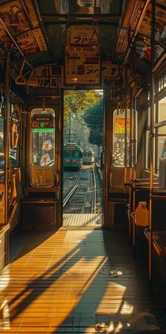 the image captures the inside of a vintage train car, bathed in the warm glow of the afternoon sun. the doorway is open, framing a view of the train tracks disappearing into the distance.  advertisements line the walls above the windows, hinting at the train's urban setting. the warm sunlight casts long shadows across the wooden floor, creating a sense of tranquility and nostalgia.