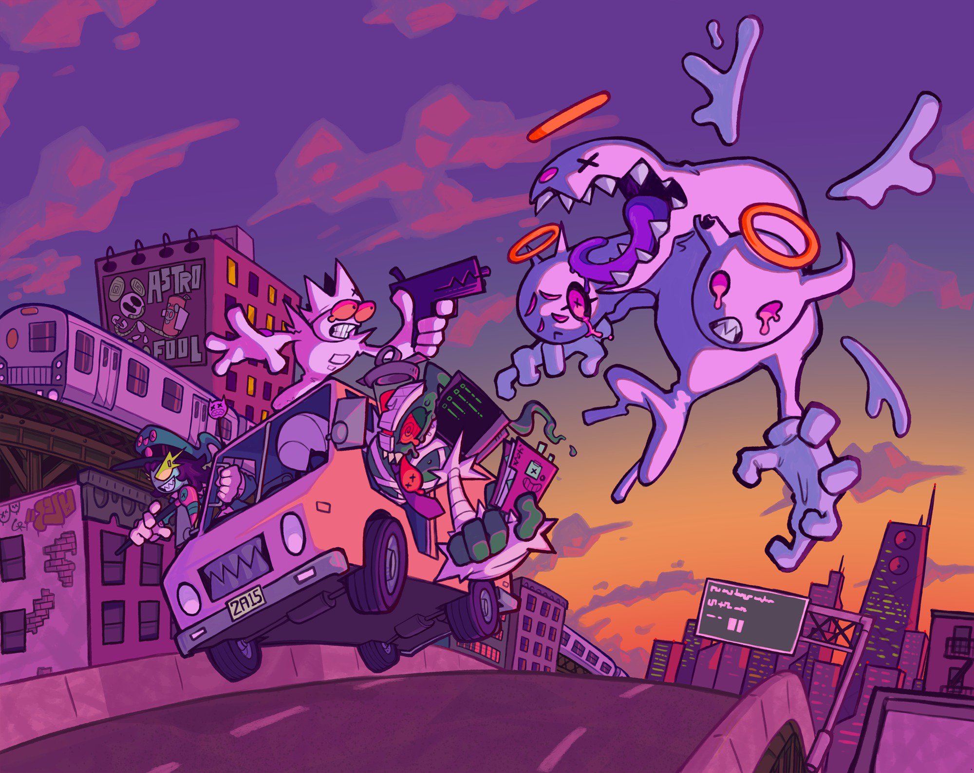a vibrant cartoon illustration depicts a thrilling chase scene set against a city backdrop at sunset. a group of diverse characters in a beatup yellow van are being pursued by a large, otherworldly entity with multiple heads and halos. the characters in the van seem prepared for a fight, armed with weapons and determined expressions. the city environment is rendered with a dynamic perspective, highlighting the speed and chaos of the chase. the overall atmosphere is a blend of action, humor, and fantastical elements.