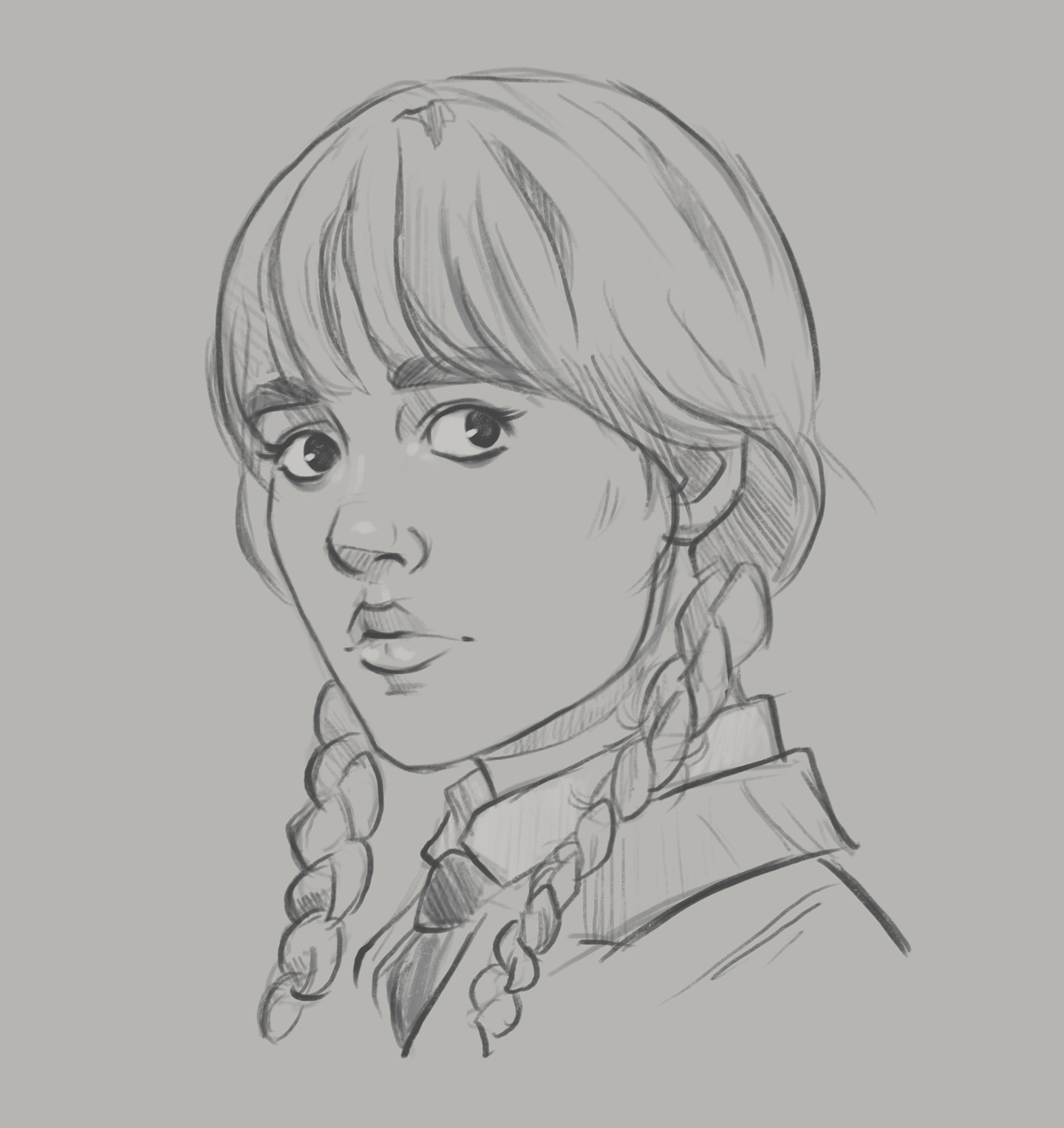 a grayscale pencil sketch of a girl's portrait. she has bangs and her hair is styled in two braids. she is wearing a collared shirt or uniform. the style is loose and expressive, capturing a serious expression on her face. the sketch is done with a variety of shading techniques giving it a threedimensional appearance.  the background is a simple, even gray.