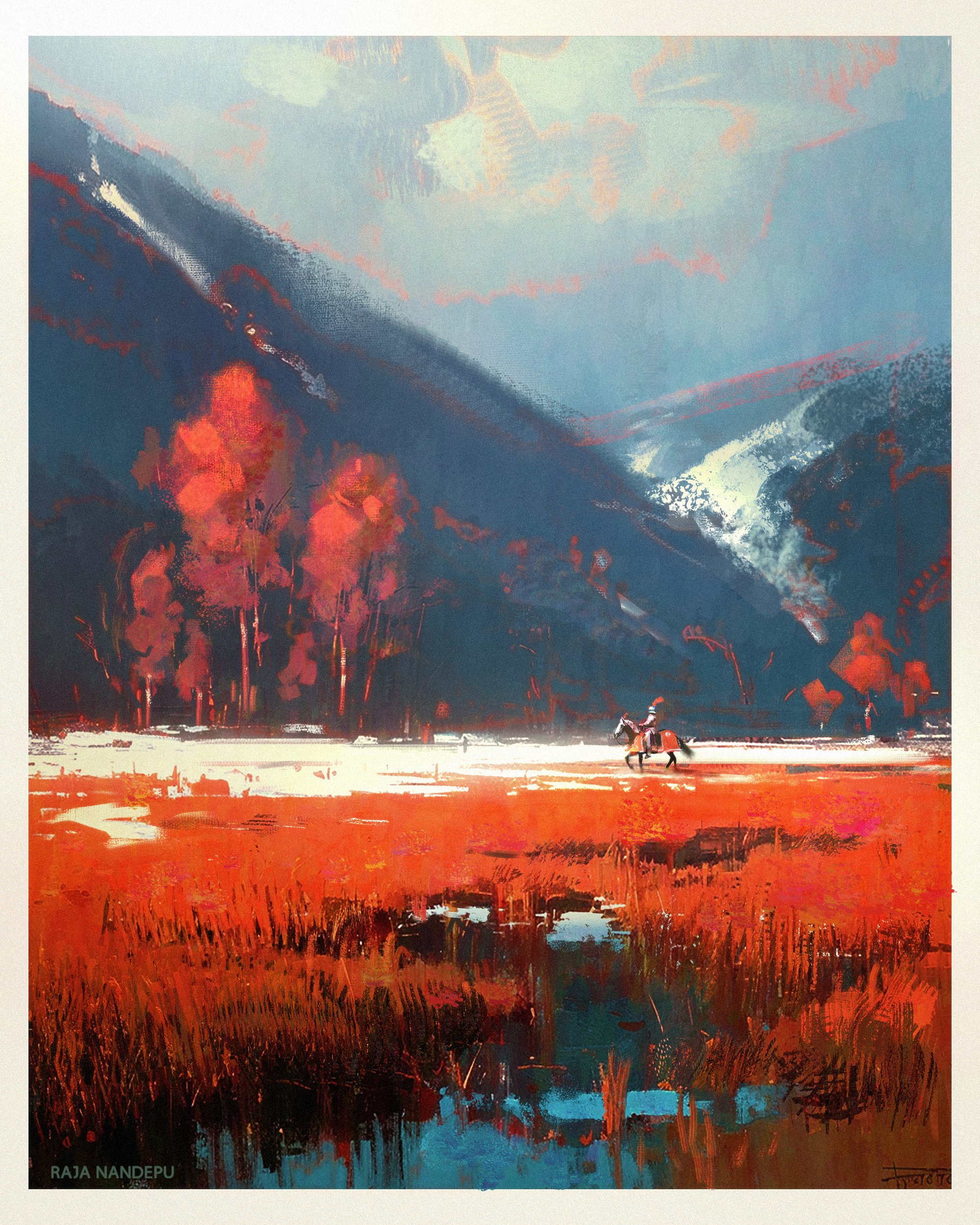 the painting depicts a lone rider on horseback traversing a vast, snowdusted field. the rider is positioned slightly offcenter, moving towards the right side of the frame, creating a sense of journey and exploration. the field is awash in vibrant hues of orange and red, suggesting either the warmth of a setting sun or the changing colors of autumn. a cluster of tall, slender trees with bare branches, painted in striking reds, stands out against the snowy ground on the left, their fiery hues mirroring the colors of the field.  in the background, majestic blue mountains rise up, their peaks partially shrouded in clouds and touched by the white of snow. a slender waterfall cascades down the mountainside, adding a touch of movement to the serene landscape. the sky is a blend of soft blues and grays, hinting at a partly cloudy day. the overall composition is one of tranquility and grandeur, capturing the raw beauty of nature and the solitary figure's harmonious presence within it.