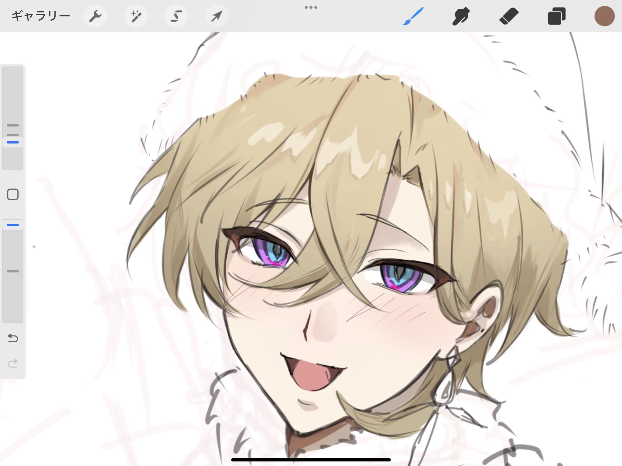 a closeup digital drawing of an animestyle male character. he has blond hair, purple eyes (with one eye showing a hint of a different color), and a playful smirk with his tongue slightly sticking out.  he's wearing a white santa hat and a white, fluffylooking collar. the art style is soft and slightly sketchy, with visible brush strokes. the overall tone is cute and mischievous.  the image is shown on a digital art program interface.