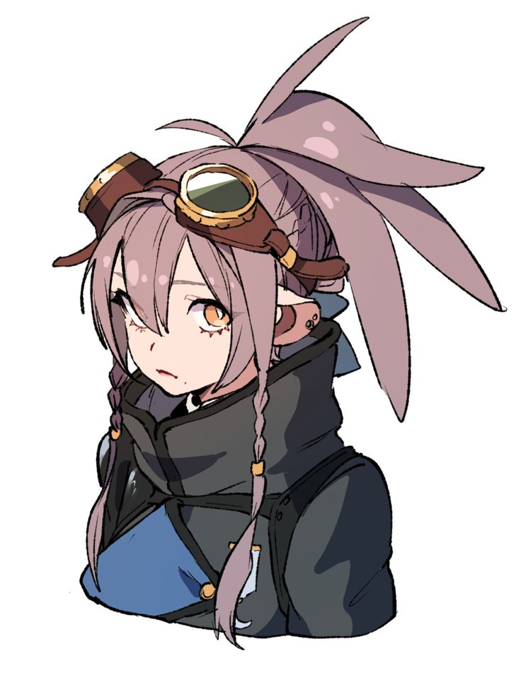 a cute anime girl with long purple hair that is braided on both sides of her face. she has on goggles, a black jacket, and a blue shirt. she is smiling and looking to the right.