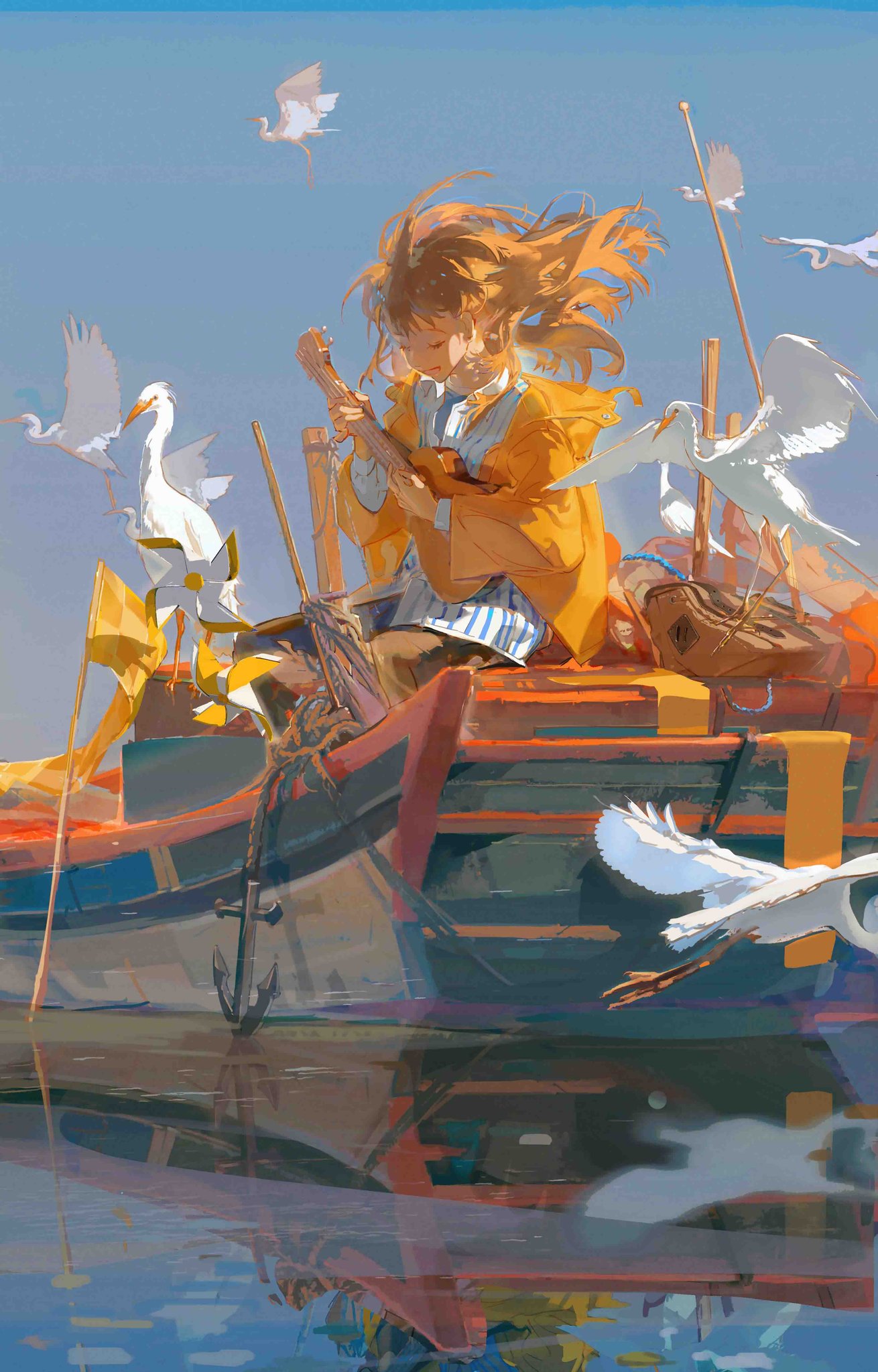 the image depicts an anime girl with long, flowing brown hair, seated in a boat on the water. she is wearing a yellow jacket and blue striped shirt and appears to be playing a string instrument. the boat is wooden with a red and blue paint job. there are several white birds in the sky, some of which are flying over the boat. the sky is a gradient of blue and orange, suggesting it is sunset or sunrise. the water below the boat is calm and reflective.
